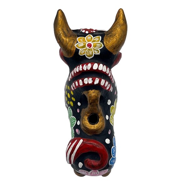 Hand Painted Black Floral Torito de Pucará Folk Art Pottery Bull Figurine Peru - Picture 6 of 16